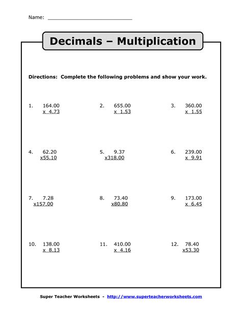 Decimal and Whole Number Multiplication Practice