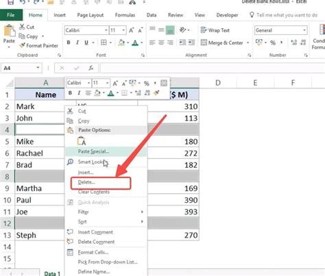 Image of deleting blank cells in Excel