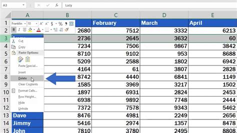 Using the Delete Row function in Excel