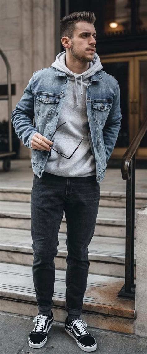 Denim jacket and navy hoodie