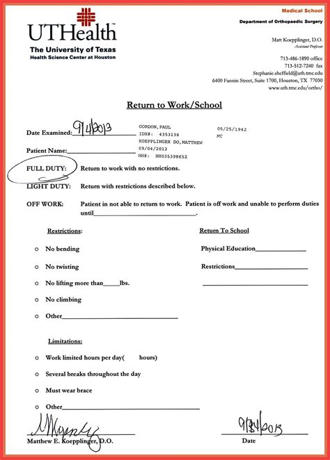 Dental Doctor's Note Template