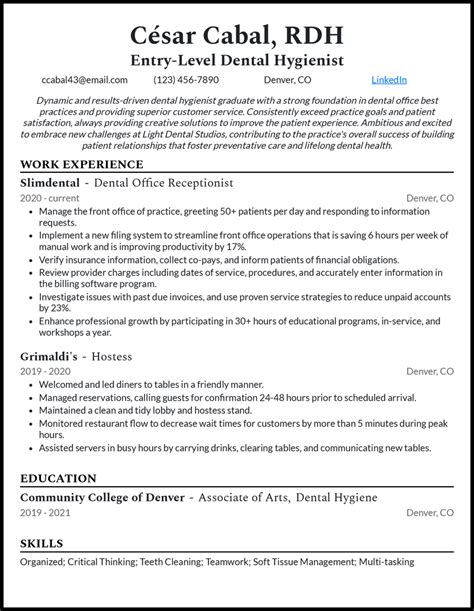 Dental Hygiene Resume Template Entry Level