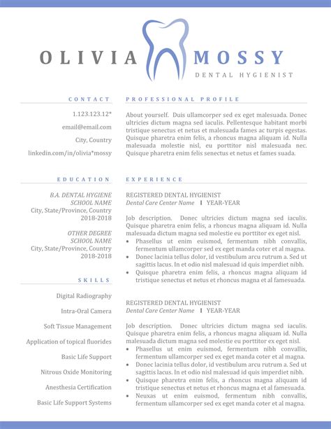 Dental Hygiene Resume Template with Certifications