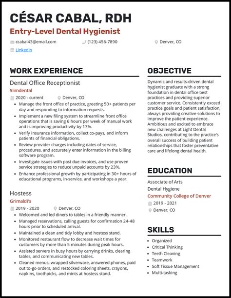 Dental Hygiene Resume Template with Experience