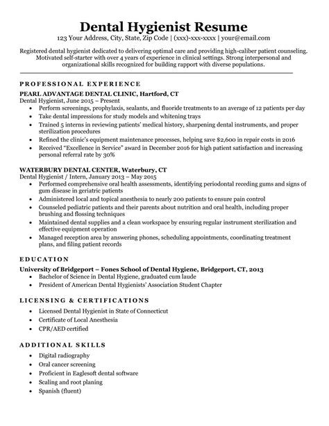 Dental Hygiene Resume Template with Experience and Skills