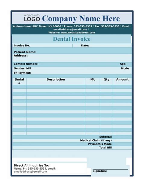 Example of Dental Invoice Template