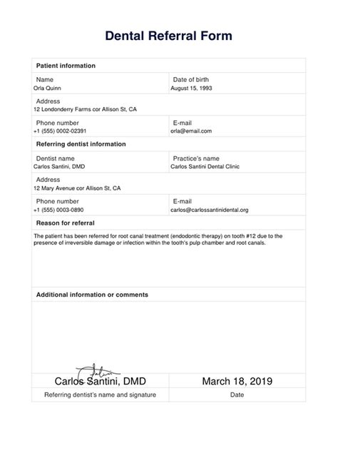 Dental Referral Form Template Example