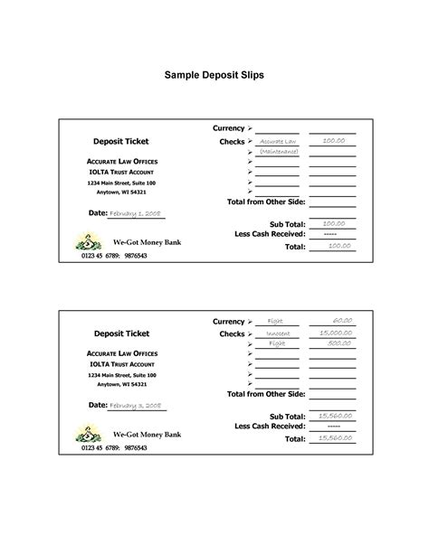 Deposit Slip Template with Deposit Type