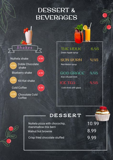 Dessert drink menu on a black background