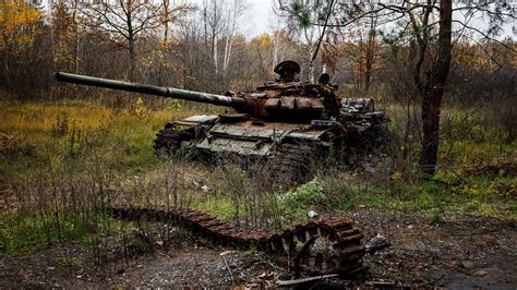 Destroyed Russian tank in Ukrainian village