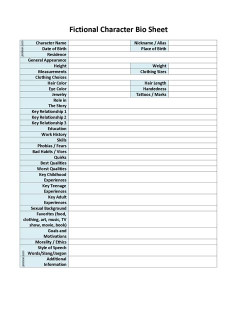 Detailed Character Bio Template