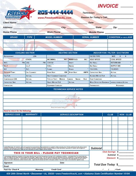 Detailed HVAC service invoice template example