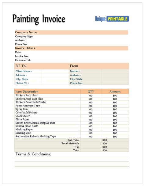 Detailed Painter Invoice Template Example