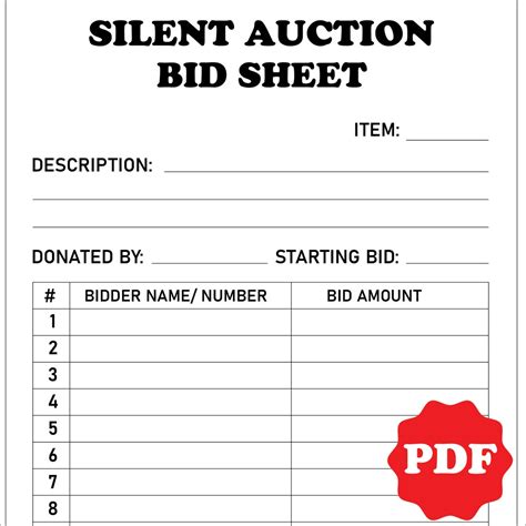 Detailed Silent Auction Bid Sheet