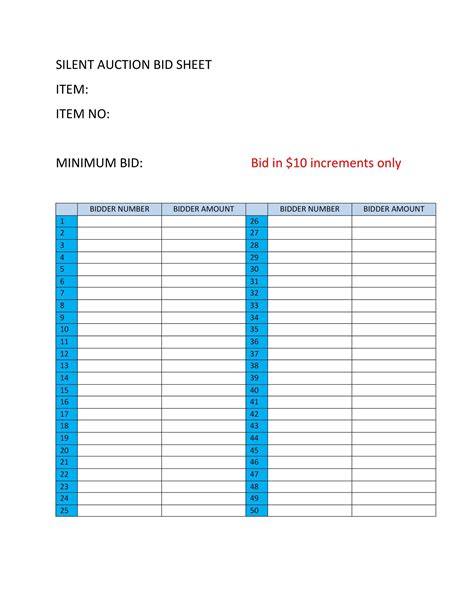 Detailed Silent Auction Bid Sheet