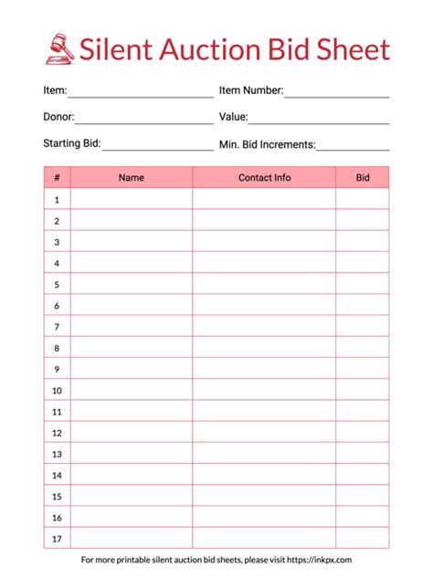 Detailed Silent Auction Bid Sheet Template