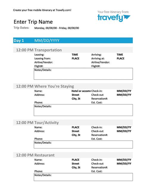 Detailed Travel Itinerary Template