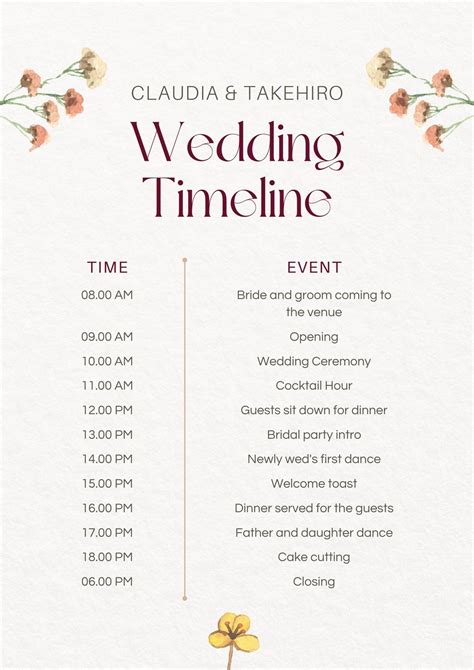 Detailed Wedding Guest Itinerary with Activities Template