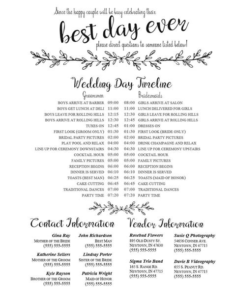 Detailed Wedding Schedule Template