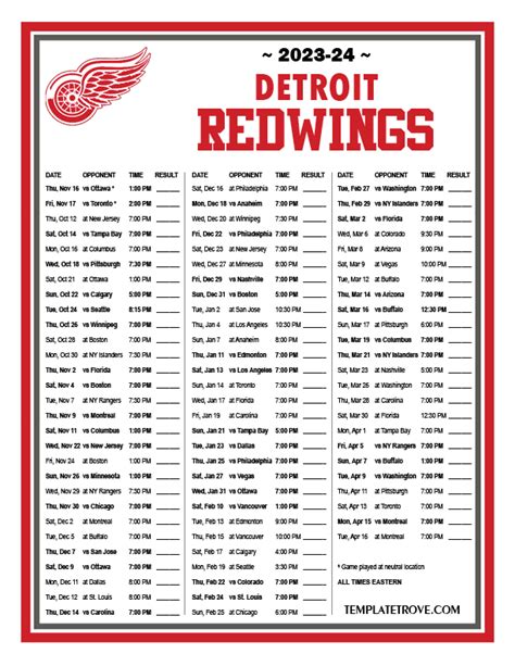 Detroit Red Wings Printable Schedule 2023-2024