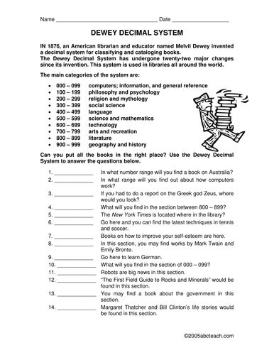 Dewey Decimal System Worksheets