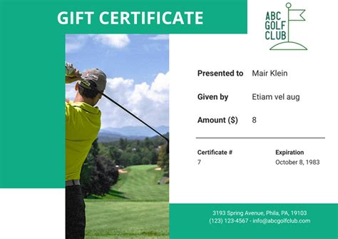 Digital golf lesson gift certificate