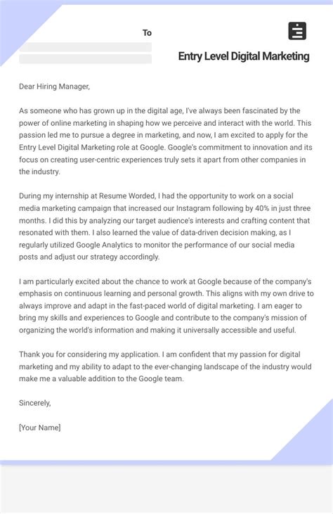 Digital Marketing Cover Letter Entry-Level Example