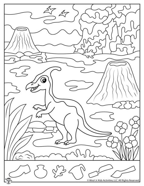 A picture of a dinosaur scene with hidden dinosaurs and eggs