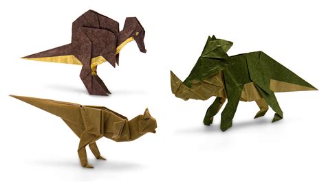 A intricately folded origami dinosaur made from paper