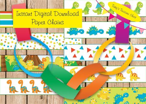 A paper chain featuring dinosaur designs in various colors