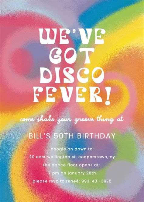 A disco-themed invitation template with a mirror ball and disco lights