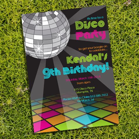 A collection of disco-themed party invitation templates featuring glittering mirrored designs