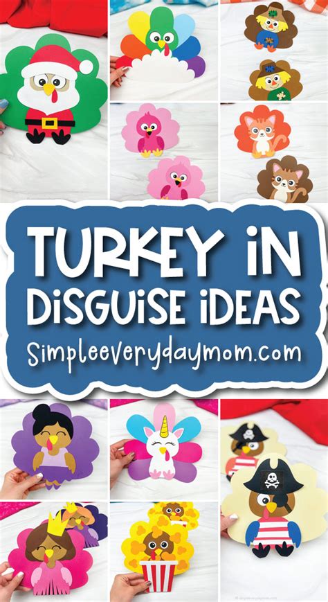 A cartoon turkey in various disguises