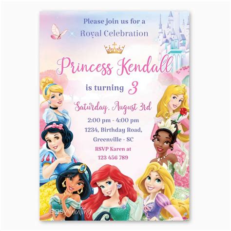 A Disney Princess birthday invitation template with a fairy tale design