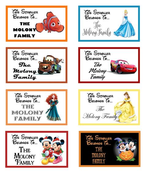 A photo of a Disney stroller tag template featuring Disney princesses