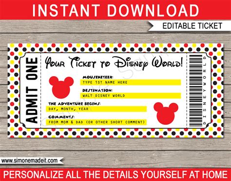 A computer screen showing a Disney ticket printable template for kids