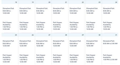 Disneyland Park Hours Printable