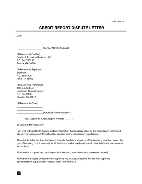 Dispute Credit Report Template