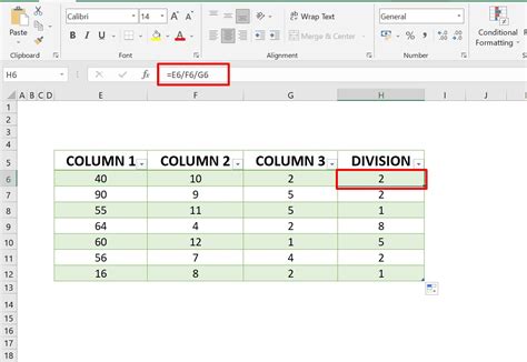 Using the division operator in Excel