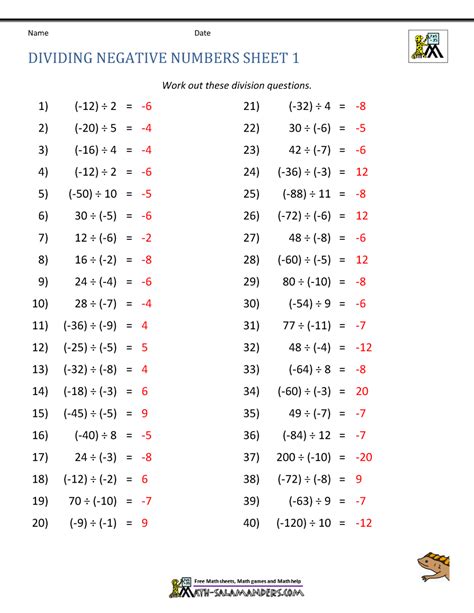 A worksheet with practice exercises for dividing by negative numbers