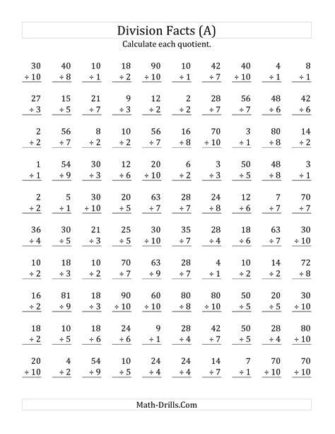 Division Facts Timed Test Worksheets