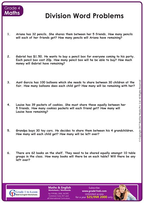 Division Word Problems Chart