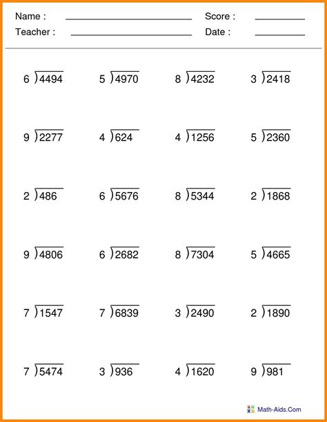 Division Worksheets for 5th Grade