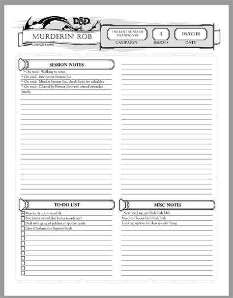 DND Player Notes Template Example