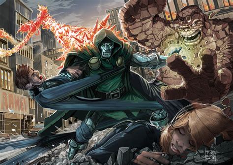 Doctor Doom battling the Fantastic Four