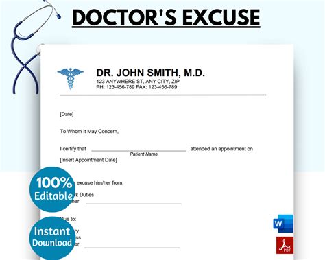 Doctor Excuse Template with Doctor's Signature