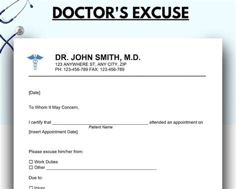 Doctor Excuse Template with Medical Record Number