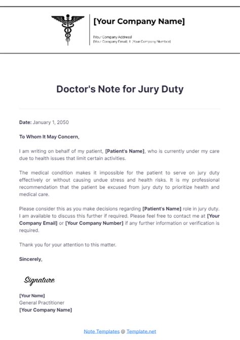 Doctor's Note Template for Jury Duty