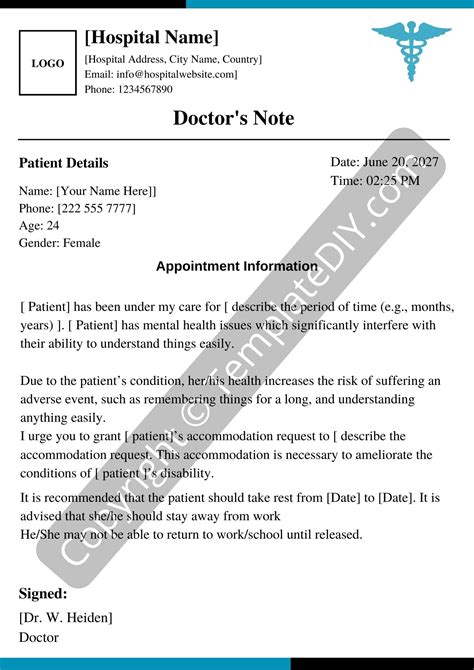 Doctor's Note Template for Mental Health Conditions