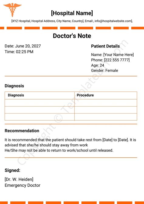 Doctor Note Template for Work Sample